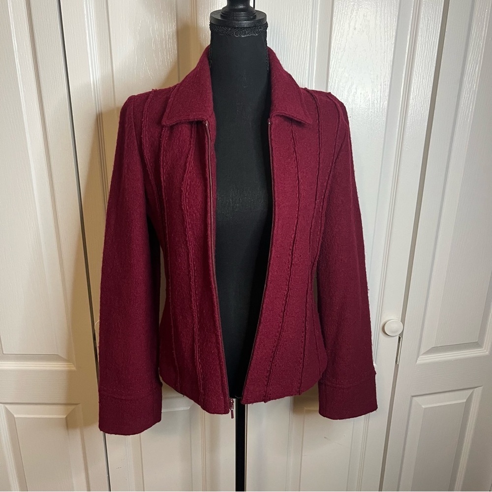 Mainbocher Wool Zip Jacket Sz M Burgundy Textured Flared Cuff Classic RN90778 - Picture 6 of 7